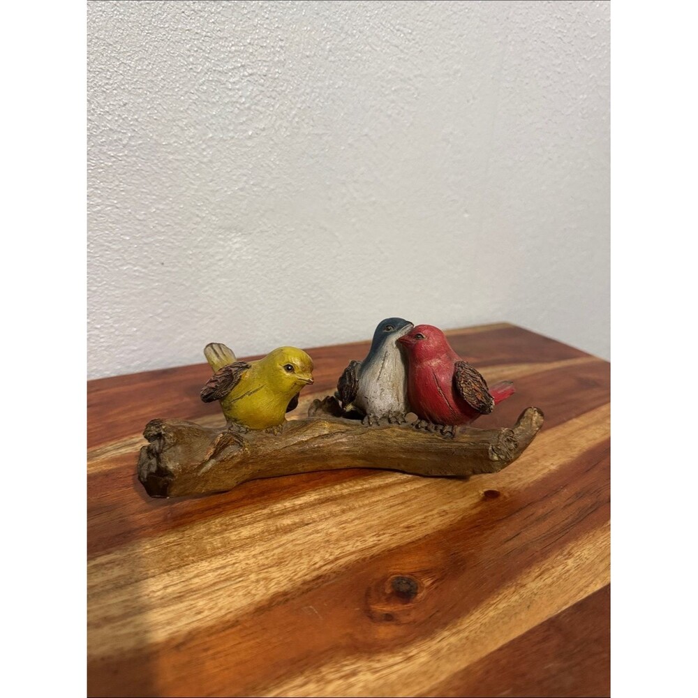 Vintage 3 Bird Figurine Colorful Songbirds Faux Wood Branch Cottage Decor